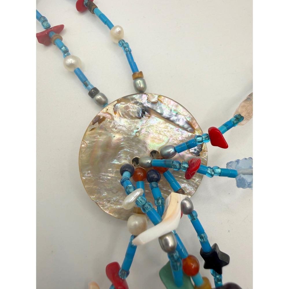 Boho Multi Strand Beaded Necklace Mother of Pearl Shell Bird Star Charms Blue